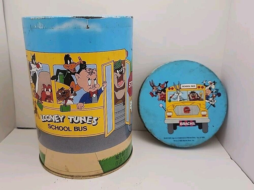 Vintage Brachs Looney Tunes School Bus Metal Tin Can w Lid 1990 Warner Bros Inc